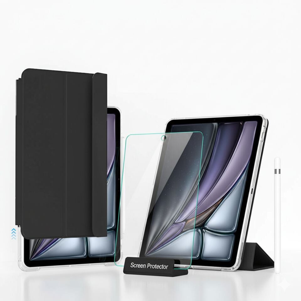 Apple iPad 11. Nesil (A16) 11 Inc (2025) i-Adapt Essential Ekran Koruyucu Stylus Kalem ve Kılıf Set Siyah