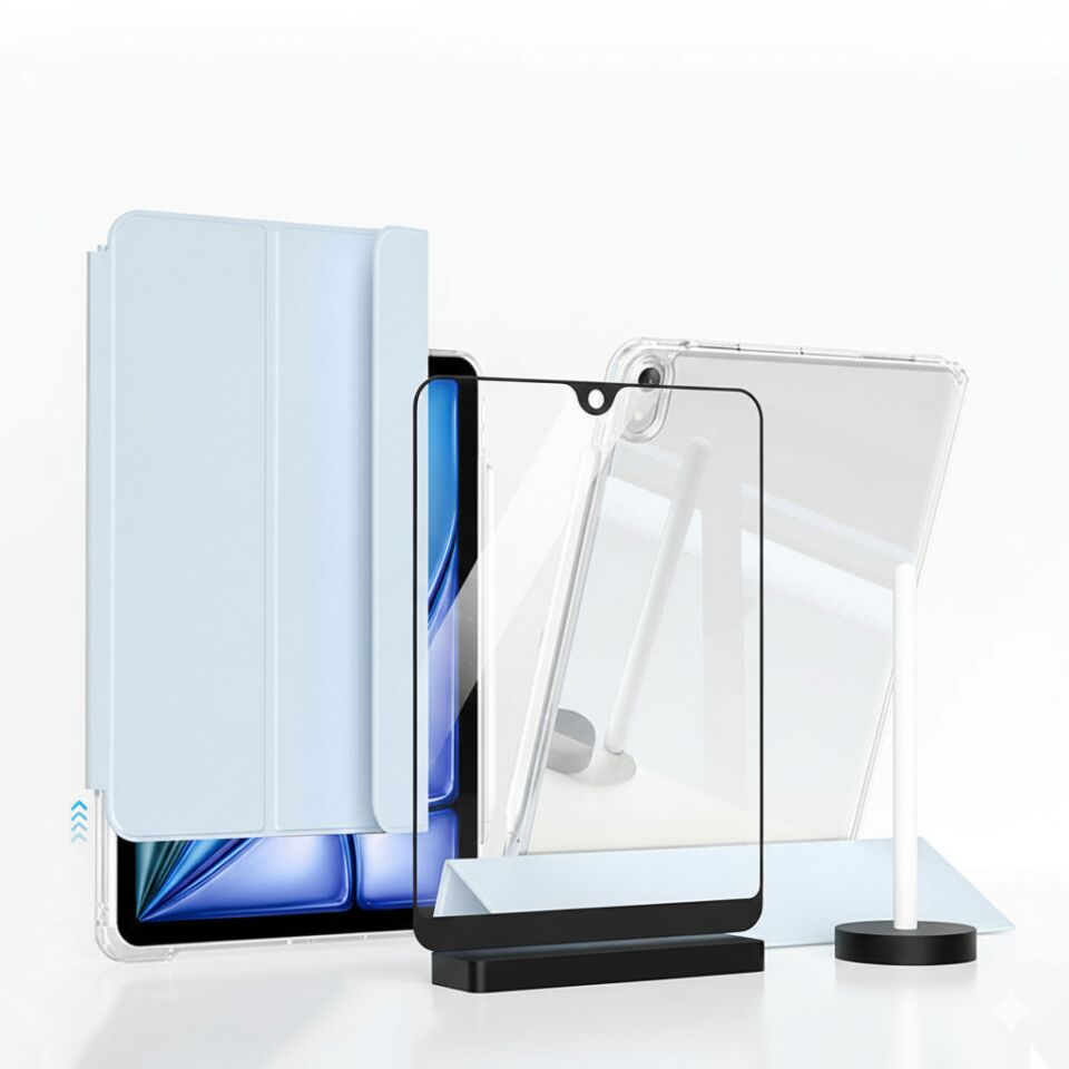 Apple iPad 11. Nesil (A16) 11 Inc (2025) i-Adapt Essential Ekran Koruyucu Stylus Kalem ve Kılıf Set Açık Mavi