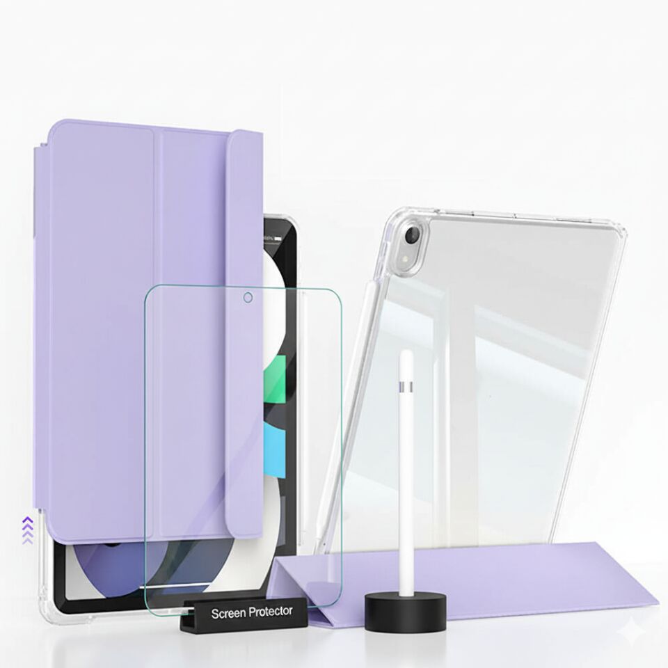 Apple iPad 11. Nesil (A16) 11 Inc (2025) i-Adapt Essential Ekran Koruyucu Stylus Kalem ve Kılıf Set Lavanta