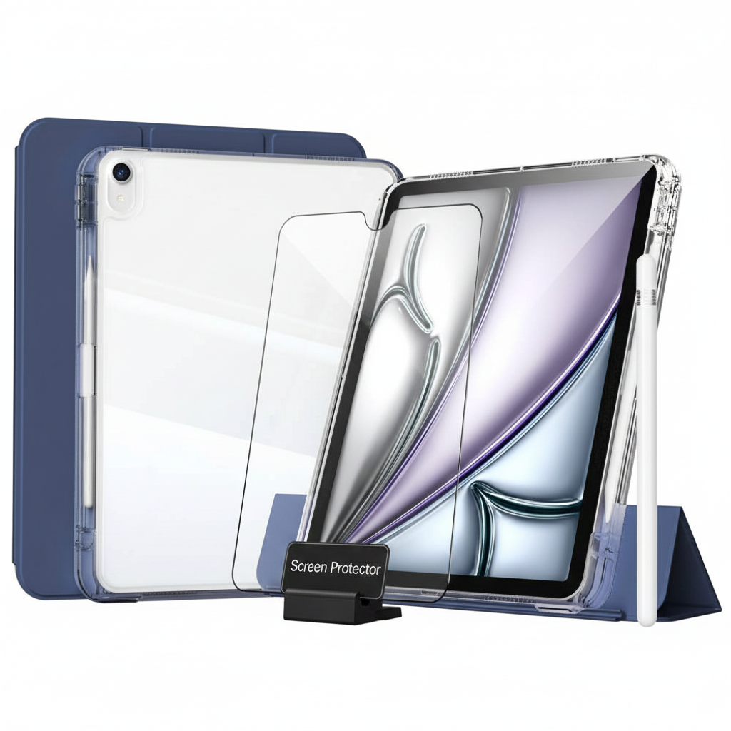 Apple iPad 11. Nesil (A16) 11 Inc (2025) i-Adapt Essential Ekran Koruyucu Stylus Kalem ve Kılıf Set Lacivert