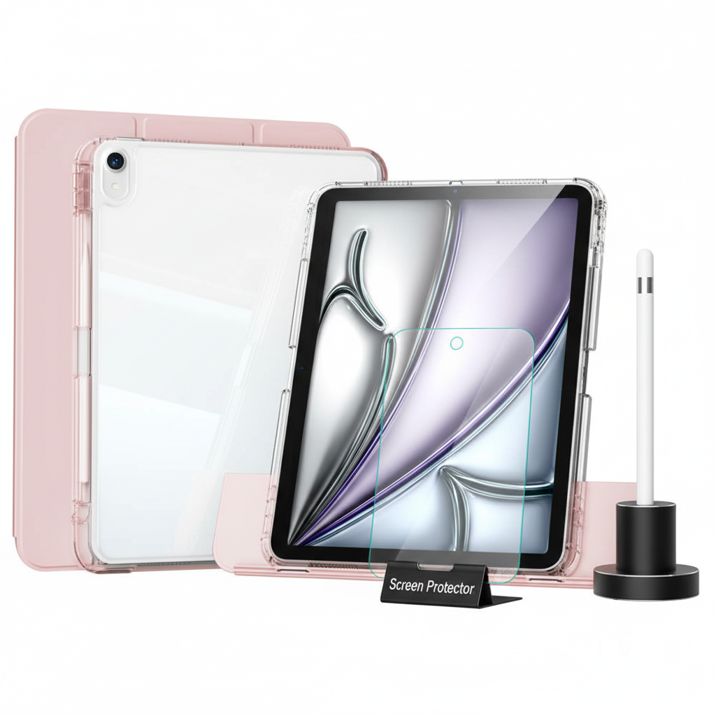 Apple iPad 11. Nesil (A16) 11 Inc (2025) i-Adapt Essential Ekran Koruyucu Stylus Kalem ve Kılıf Set Pembe