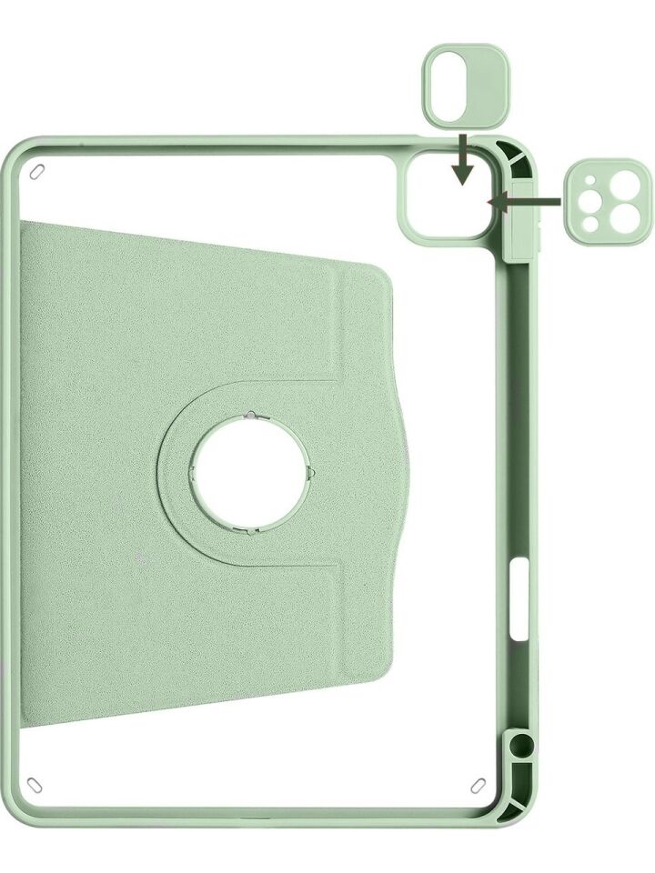 Apple iPad Pro 12.9 5. Nesil Dönebilen Standlı Kalem Bölmeli Koruyucu Kılıf Stylus Kalem ve Nano Ekran Koruyucu Çok Fonksiyonlu Set