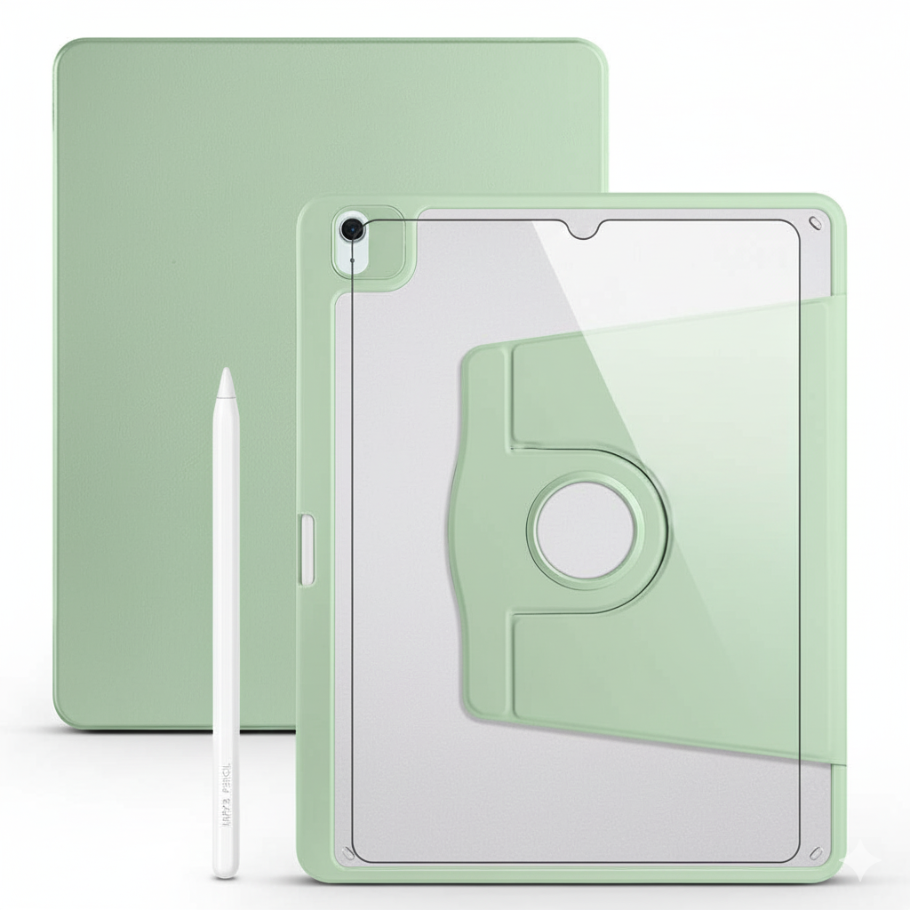 Apple iPad Pro 12.9 5. Nesil Dönebilen Standlı Kalem Bölmeli Koruyucu Kılıf Stylus Kalem ve Nano Ekran Koruyucu Çok Fonksiyonlu Set