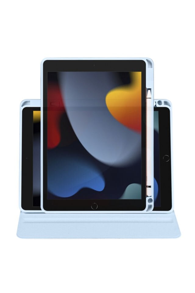 Apple iPad 7. Nesil 10.2 (2019) Yatay Standlı Dönebilen Kalemlikli Darbe Dayanıklı Kılıf A2197 A2200 A2198 Açık Mavi