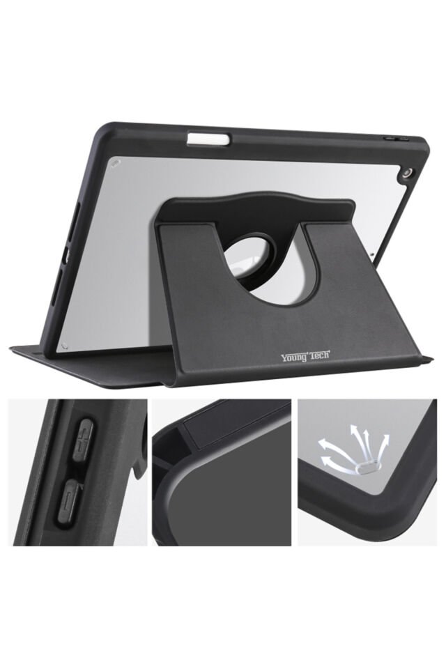 Apple iPad 7. Nesil 10.2 (2019) Yatay Standlı Dönebilen Kalemlikli Darbe Dayanıklı Kılıf A2197 A2200 A2198 Siyah