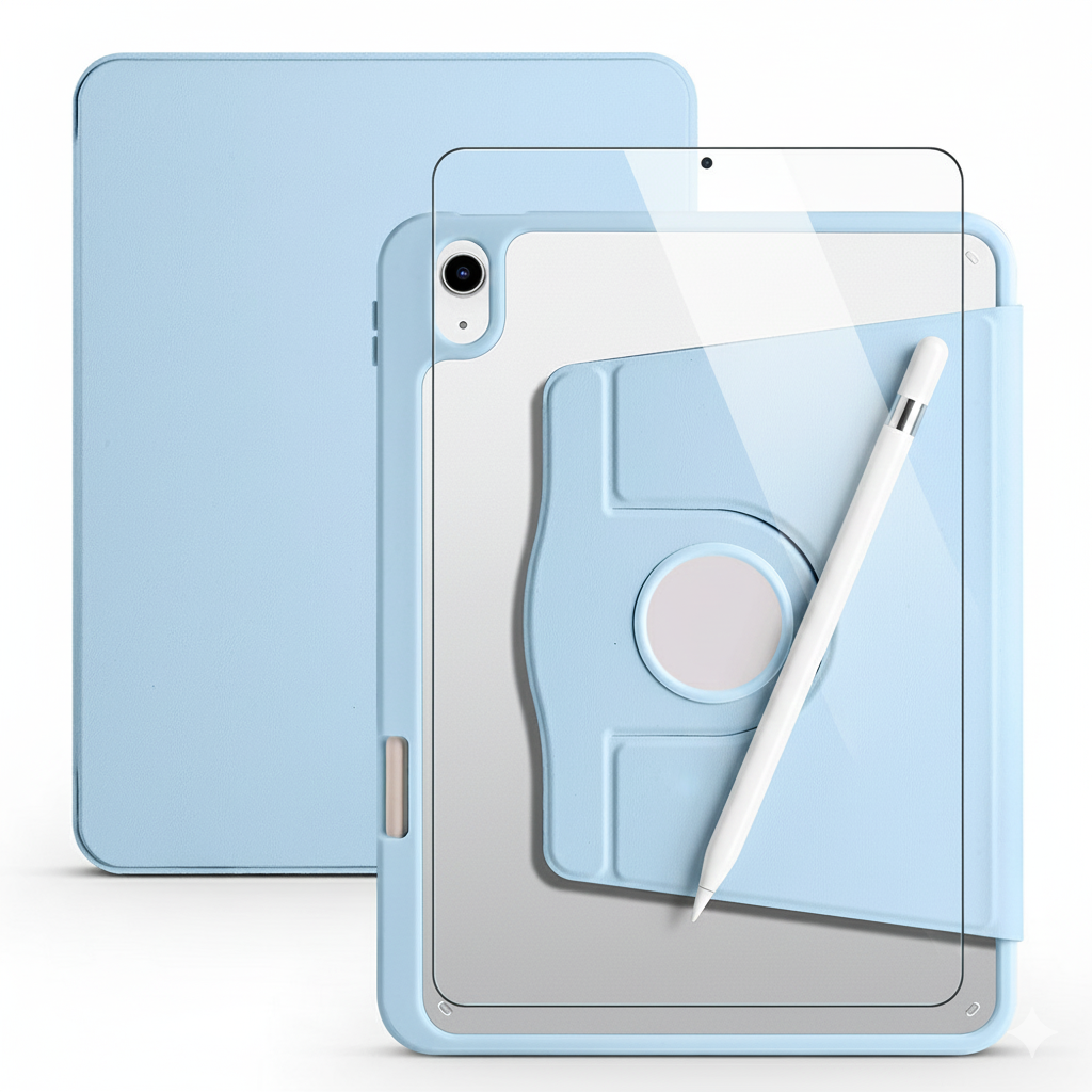 Apple iPad 10. Nesil 10.9 Inc Dönebilen Standlı Kalem Bölmeli Koruyucu Kılıf Stylus Kalem ve Nano Ekran Koruyucu Çok Fonksiyonlu Set Mavi