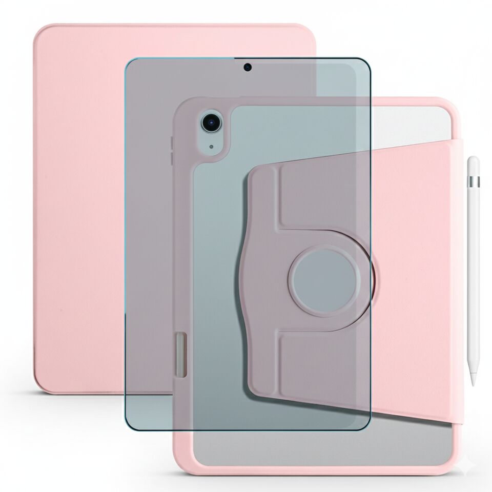 Apple iPad 10. Nesil 10.9 Inc Dönebilen Standlı Kalem Bölmeli Koruyucu Kılıf Stylus Kalem ve Nano Ekran Koruyucu Çok Fonksiyonlu Set Pembe