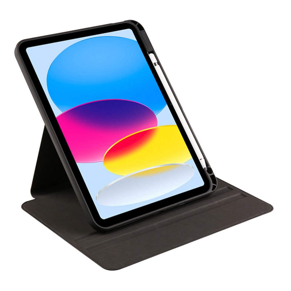 Apple iPad 10. Nesil 10.9 Inc Dönebilen Standlı Kalem Bölmeli Koruyucu Kılıf Stylus Kalem ve Nano Ekran Koruyucu Çok Fonksiyonlu Set Siyah