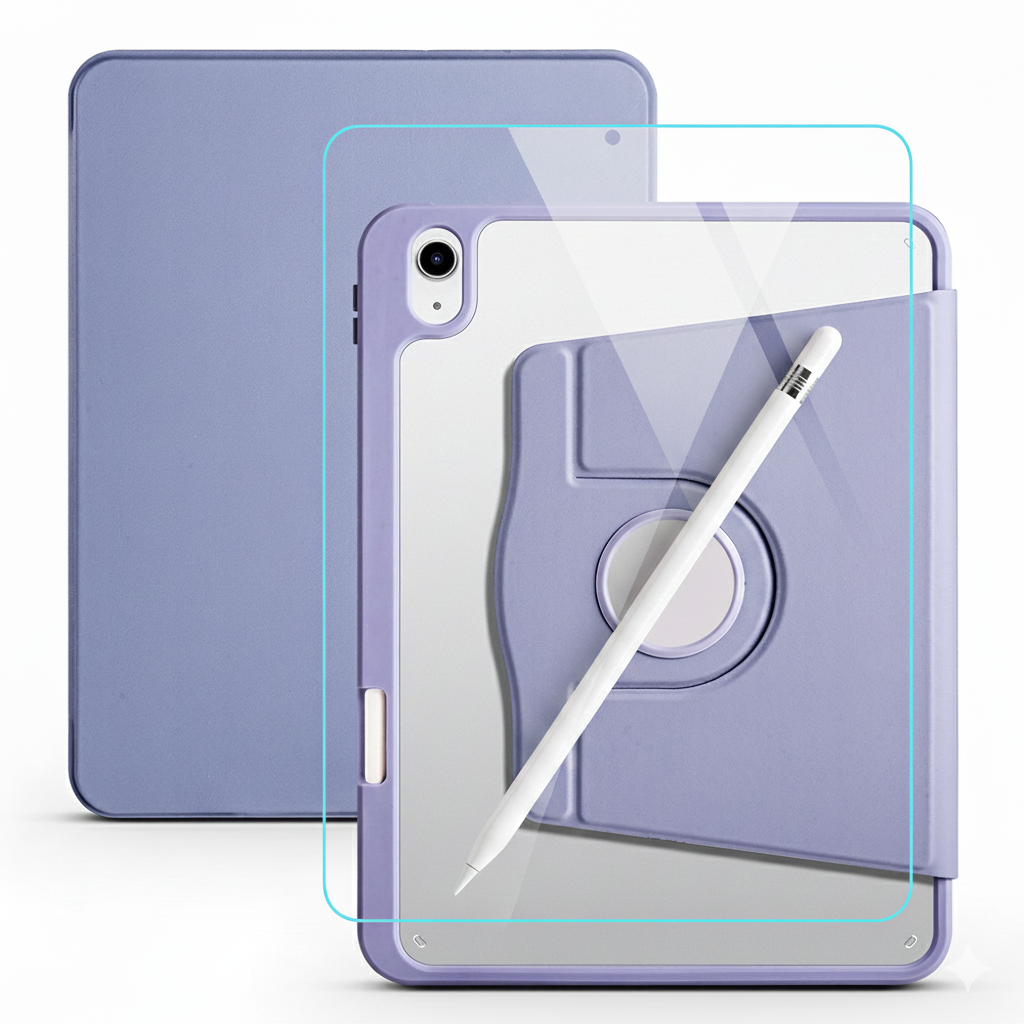Apple iPad 10. Nesil 10.9 Inc Dönebilen Standlı Kalem Bölmeli Koruyucu Kılıf Stylus Kalem ve Nano Ekran Koruyucu Çok Fonksiyonlu Set Lavanta