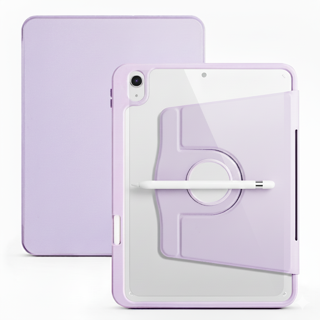Apple iPad 10. Nesil 10.9 Inc Dönebilen Standlı Kalem Bölmeli Koruyucu Kılıf Stylus Kalem ve Nano Ekran Koruyucu Çok Fonksiyonlu Set Lila