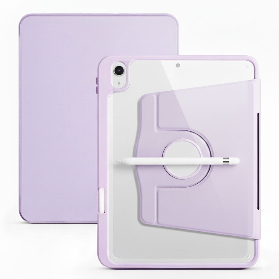 Apple iPad 10. Nesil 10.9 Inc Dönebilen Standlı Kalem Bölmeli Koruyucu Kılıf Stylus Kalem ve Nano Ekran Koruyucu Çok Fonksiyonlu Set Lila