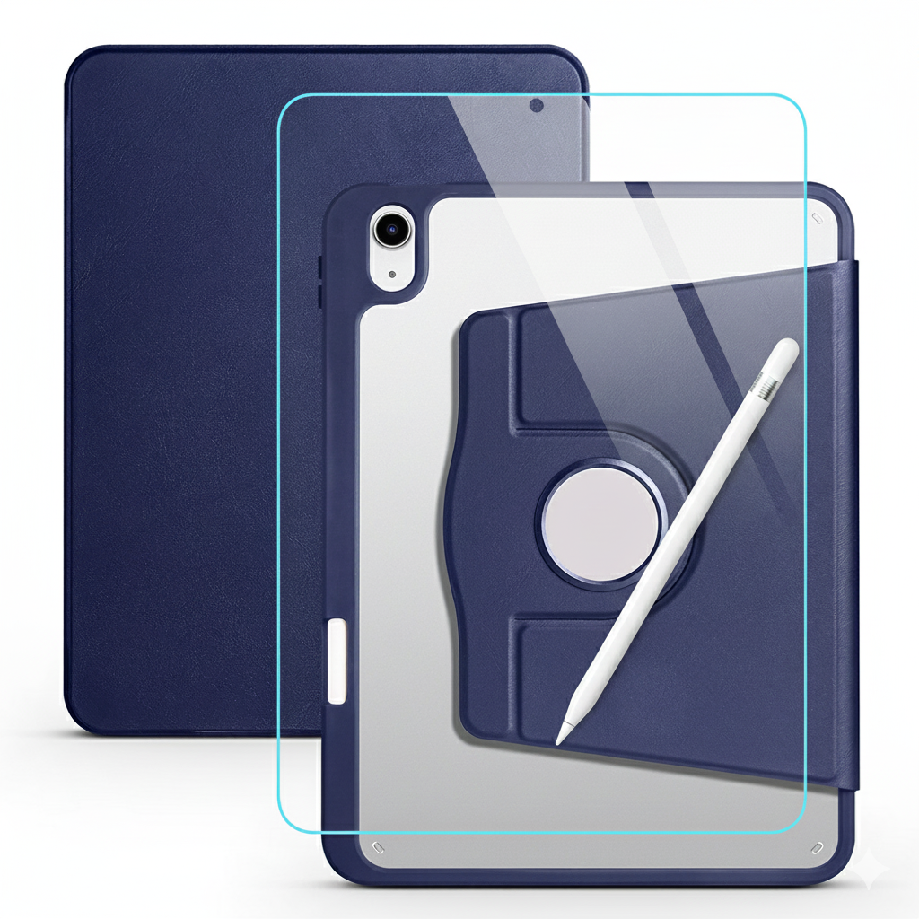 Apple iPad 10. Nesil 10.9 Inc Dönebilen Standlı Kalem Bölmeli Koruyucu Kılıf Stylus Kalem ve Nano Ekran Koruyucu Çok Fonksiyonlu Set Lacivert