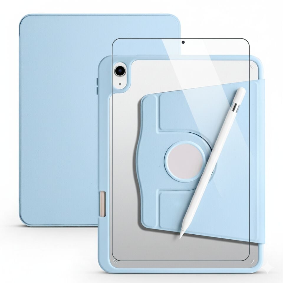 Apple iPad A16 11 Inc (2025) Dönebilen Standlı Kalem Bölmeli Koruyucu Kılıf Stylus Kalem ve Nano Ekran Koruyucu Çok Fonksiyonlu Set Mavi