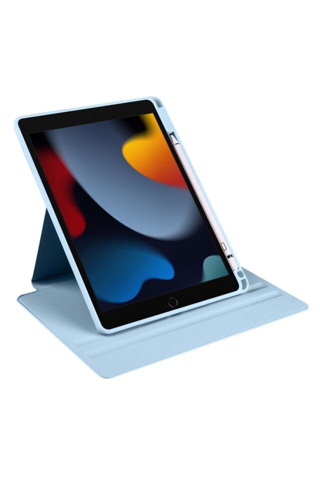 Apple iPad 9. Nesil 10.2 (2021) Yatay Standlı Dönebilen Kalemlikli Darbe Dayanıklı Kılıf A2602 A2604 A2603 A2605 Açık Mavi
