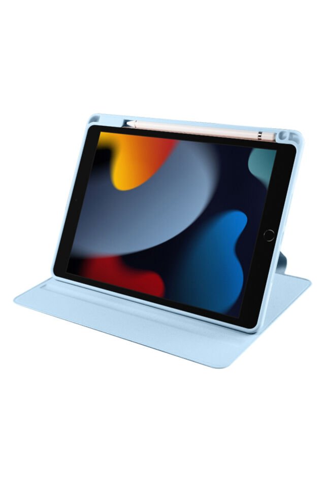 Apple iPad 9. Nesil 10.2 (2021) Yatay Standlı Dönebilen Kalemlikli Darbe Dayanıklı Kılıf A2602 A2604 A2603 A2605 Açık Mavi