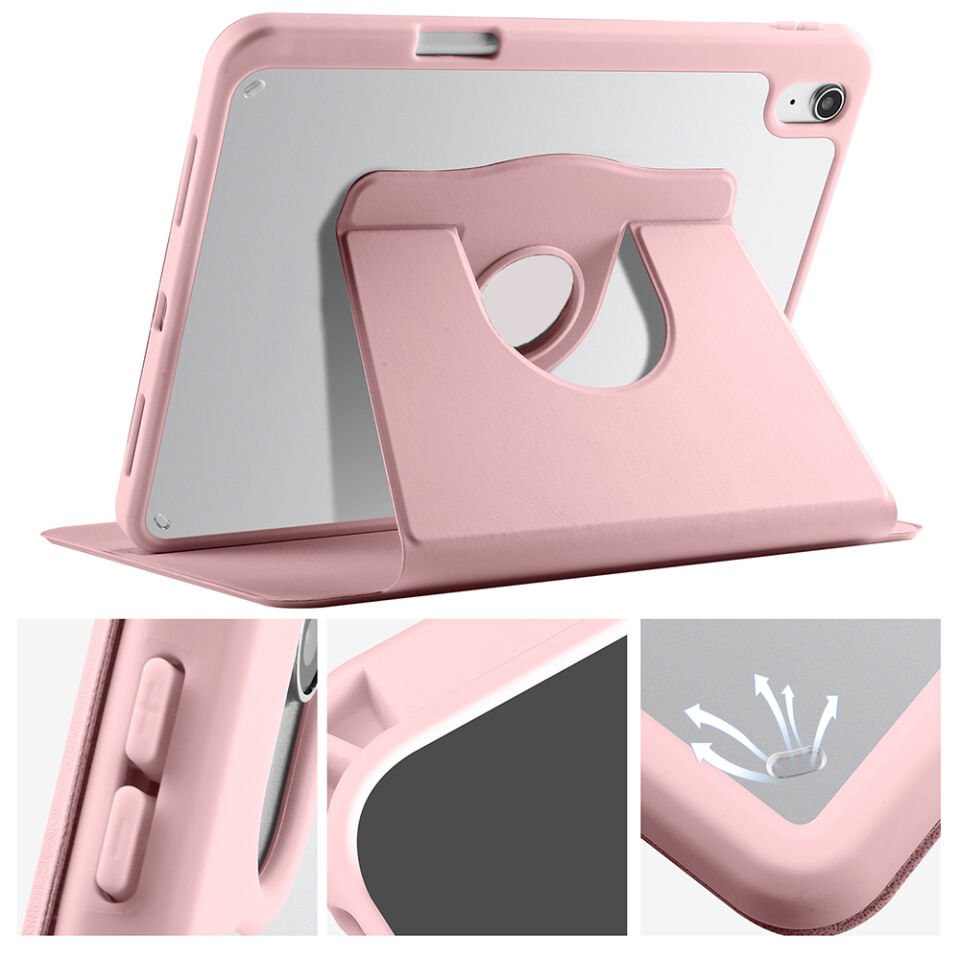Apple iPad A16 11 Inc (2025) Dönebilen Standlı Kalem Bölmeli Koruyucu Kılıf Stylus Kalem ve Nano Ekran Koruyucu Çok Fonksiyonlu Set Pembe