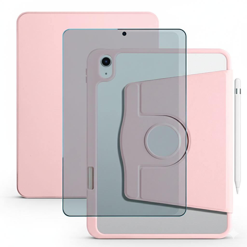 Apple iPad A16 11 Inc (2025) Dönebilen Standlı Kalem Bölmeli Koruyucu Kılıf Stylus Kalem ve Nano Ekran Koruyucu Çok Fonksiyonlu Set Pembe