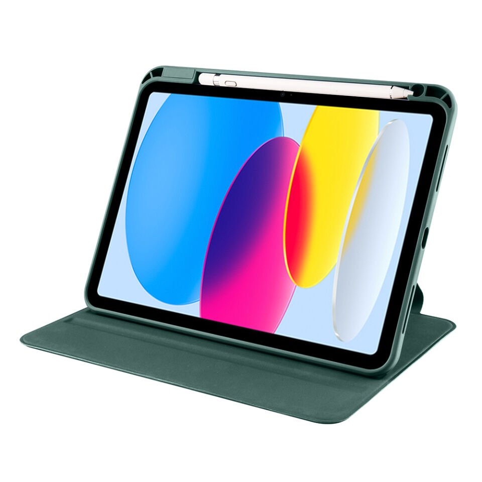 Apple iPad A16 11 Inc (2025) Dönebilen Standlı Kalem Bölmeli Koruyucu Kılıf Stylus Kalem ve Nano Ekran Koruyucu Çok Fonksiyonlu Set Koyu Yeşil