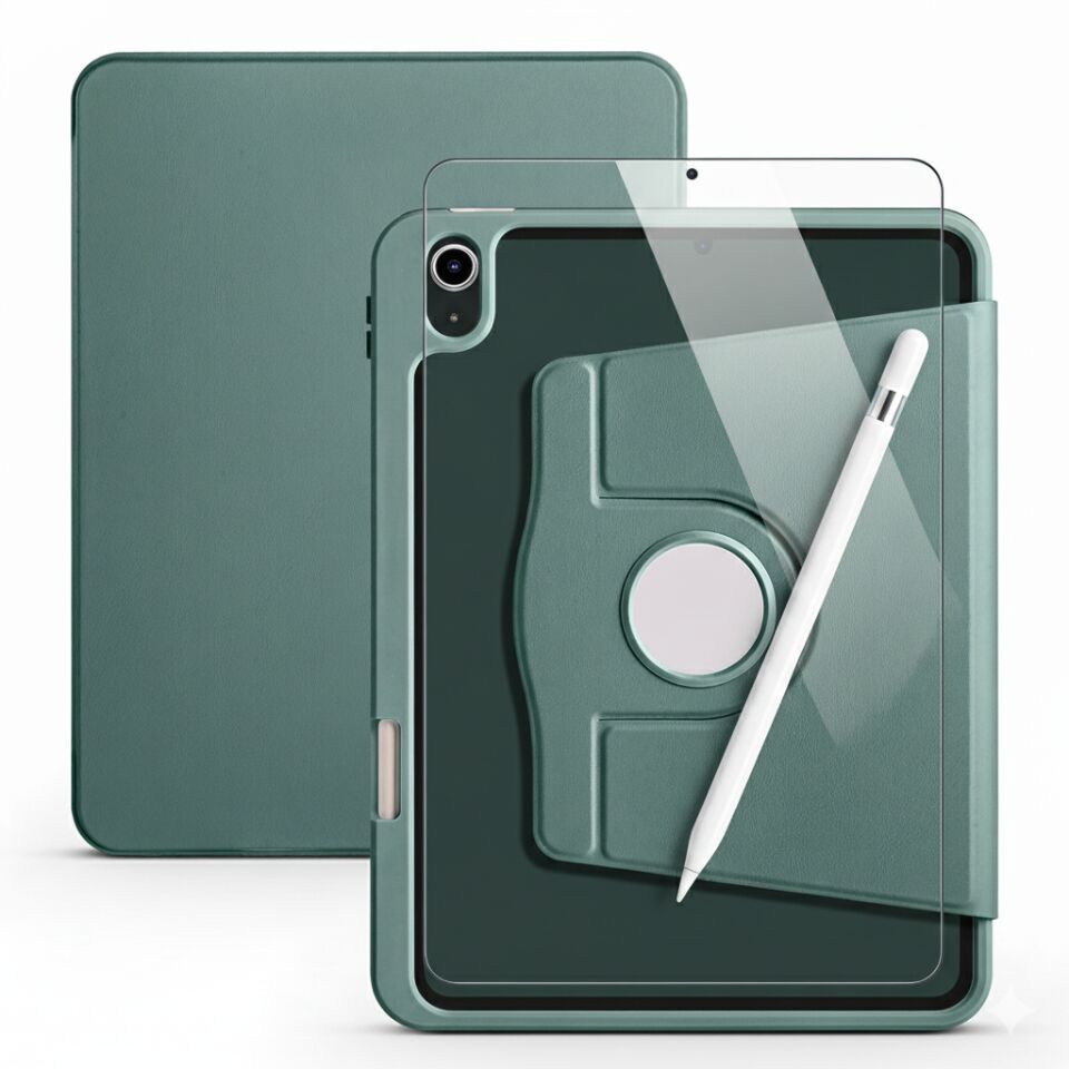 Apple iPad A16 11 Inc (2025) Dönebilen Standlı Kalem Bölmeli Koruyucu Kılıf Stylus Kalem ve Nano Ekran Koruyucu Çok Fonksiyonlu Set Koyu Yeşil