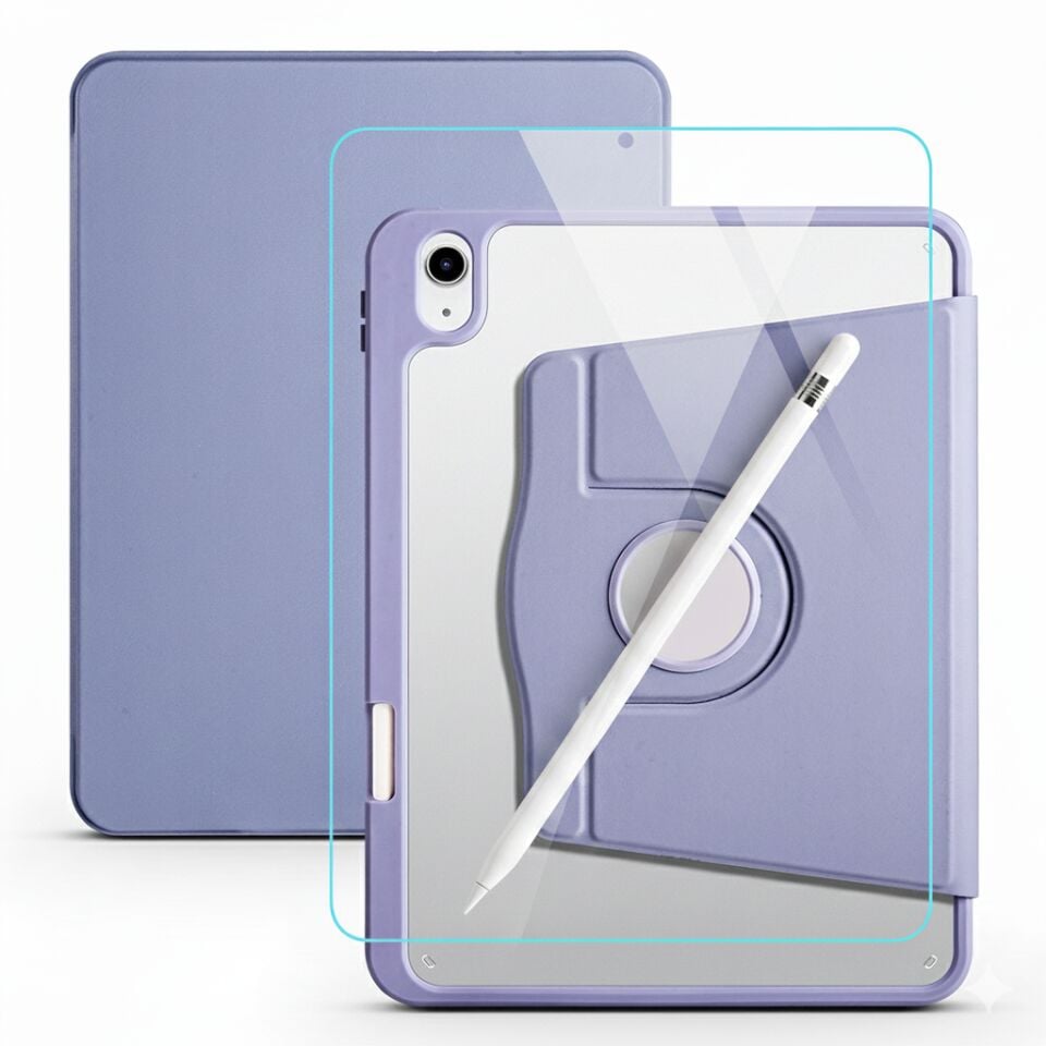 Apple iPad A16 11 Inc (2025) Dönebilen Standlı Kalem Bölmeli Koruyucu Kılıf Stylus Kalem ve Nano Ekran Koruyucu Çok Fonksiyonlu Set Lavanta