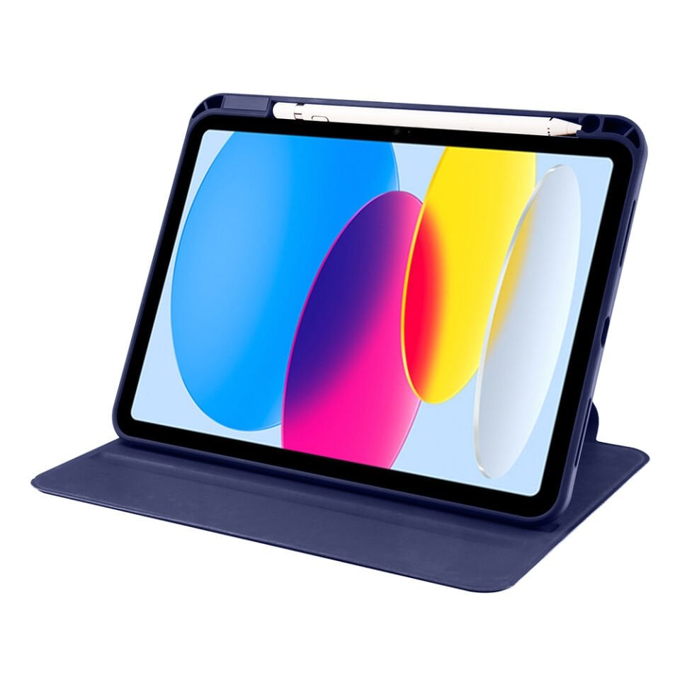 Apple iPad A16 11 Inc (2025) Dönebilen Standlı Kalem Bölmeli Koruyucu Kılıf Stylus Kalem ve Nano Ekran Koruyucu Çok Fonksiyonlu Set Lacivert