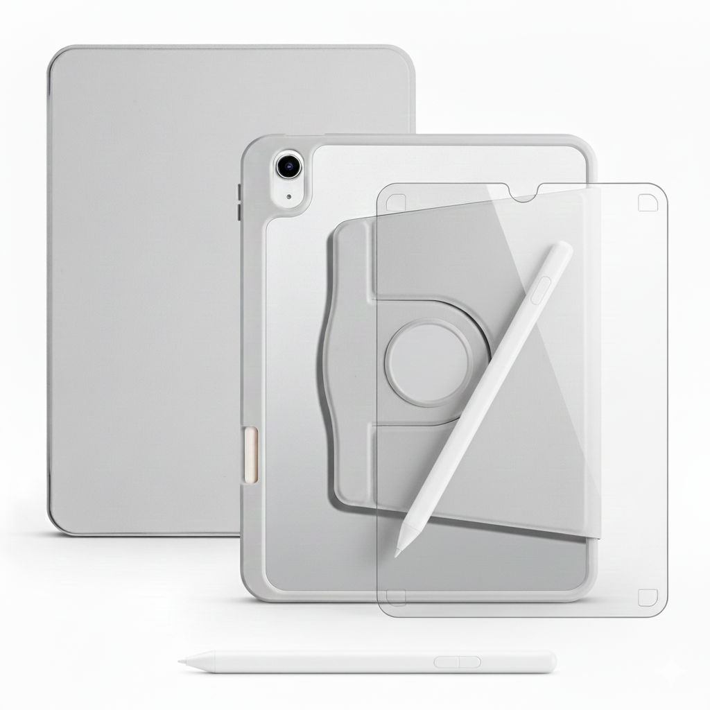 Apple iPad A16 11 Inc (2025) Dönebilen Standlı Kalem Bölmeli Koruyucu Kılıf Stylus Kalem ve Nano Ekran Koruyucu Çok Fonksiyonlu Set Gri