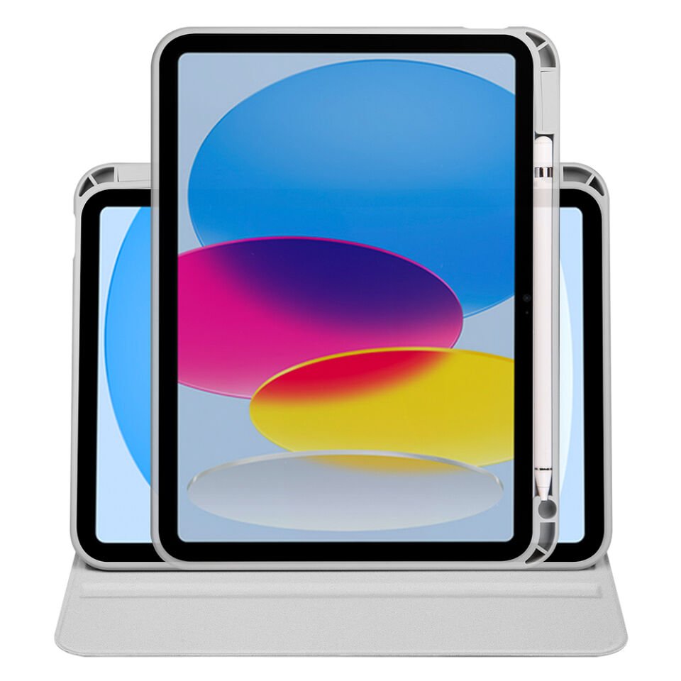Apple iPad A16 11 Inc (2025) Dönebilen Standlı Kalem Bölmeli Koruyucu Kılıf Stylus Kalem ve Nano Ekran Koruyucu Çok Fonksiyonlu Set Gri