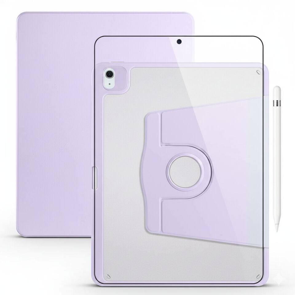 Apple iPad Air 4 10.9 Inc Dönebilen Standlı Kalem Bölmeli Koruyucu Kılıf Stylus Kalem ve Nano Ekran Koruyucu Çok Fonksiyonlu Set Lila