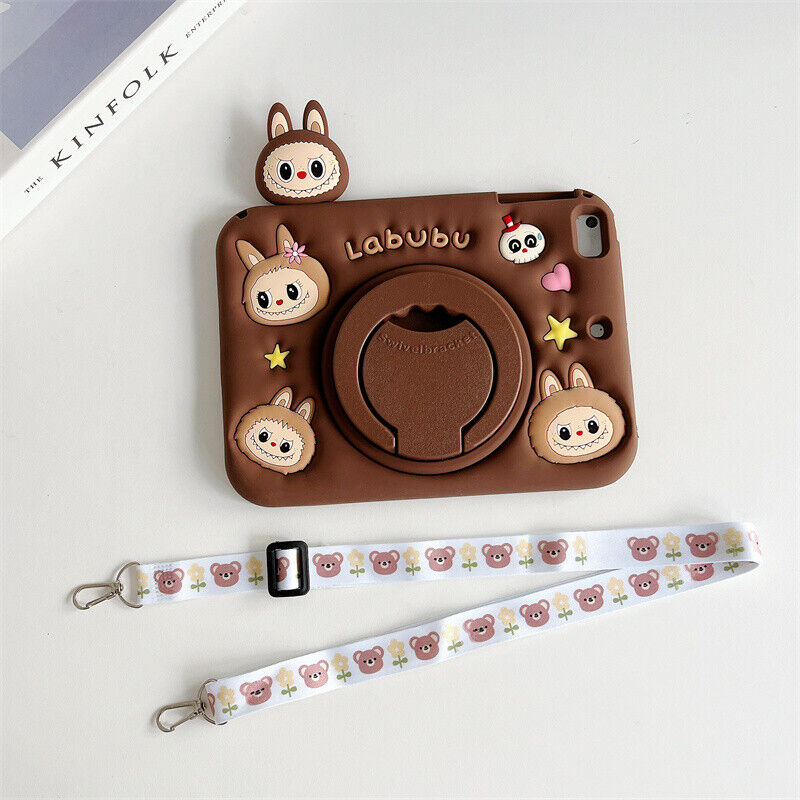 Five-E Samsung Galaxy Tab S9 Fe Plus Çocuklar Için Askılı 360 Derece Standlı Soft Labubu Karakter Silikon Kılıf SM-X610