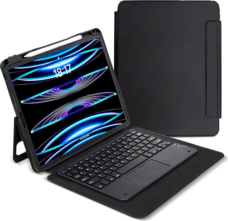 Apple iPad Air 6 11 Inc (2024) Darbeye Dayanıklı Kalemlikli Touchpadli Ingilizce Q Klavyeli 2 In 1 Protection Kılıf A2902 A2903
