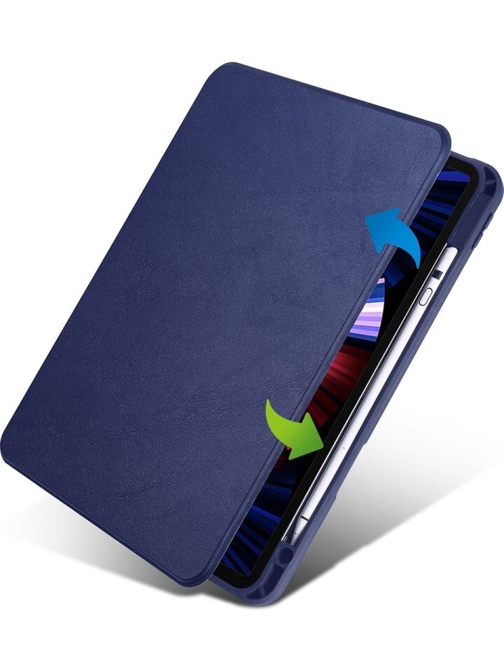 Apple iPad Air 11 M2 Dönebilen Standlı Kalem Bölmeli Koruyucu Kılıf Stylus Kalem ve Nano Ekran Koruyucu Çok Fonksiyonlu Set Lacivert