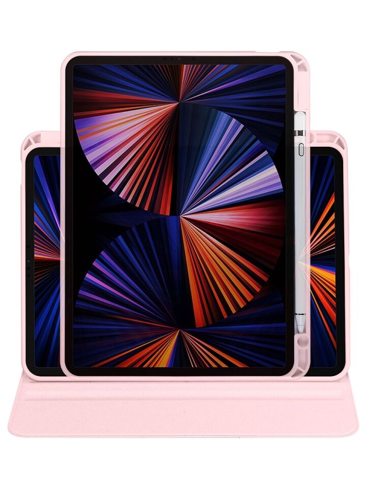 Apple iPad Air 11 M2 Dönebilen Standlı Kalem Bölmeli Koruyucu Kılıf Stylus Kalem ve Nano Ekran Koruyucu Çok Fonksiyonlu Set Pembe