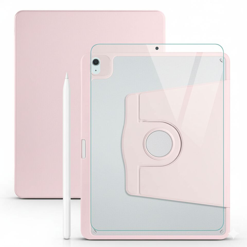 Apple iPad Air 11 M2 Dönebilen Standlı Kalem Bölmeli Koruyucu Kılıf Stylus Kalem ve Nano Ekran Koruyucu Çok Fonksiyonlu Set Pembe