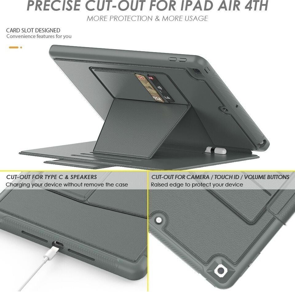 Apple iPad 10. Nesil 2022 (10.9 Inc) Kartlıklı Multifonksiyonel Manyetik Standlı Kalemlikli Zırhlı Smart Kılıf A2696 A2757