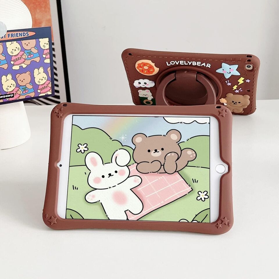 Apple iPad 7.nesil 10.2 Inc Çocuklar Için Askılı 360 Derece Standlı Soft Silikon Lovelybear Kılıf A2197 A2200