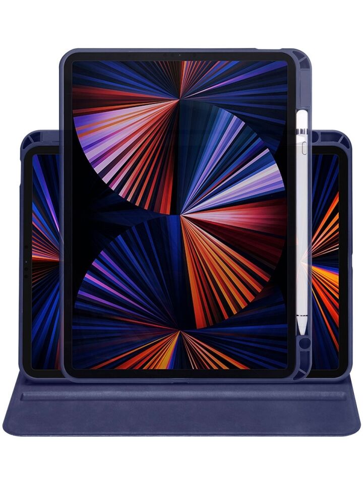 Apple iPad Air 11 M3 Dönebilen Standlı Kalem Bölmeli Koruyucu Kılıf Stylus Kalem ve Nano Ekran Koruyucu Çok Fonksiyonlu Set Lacivert