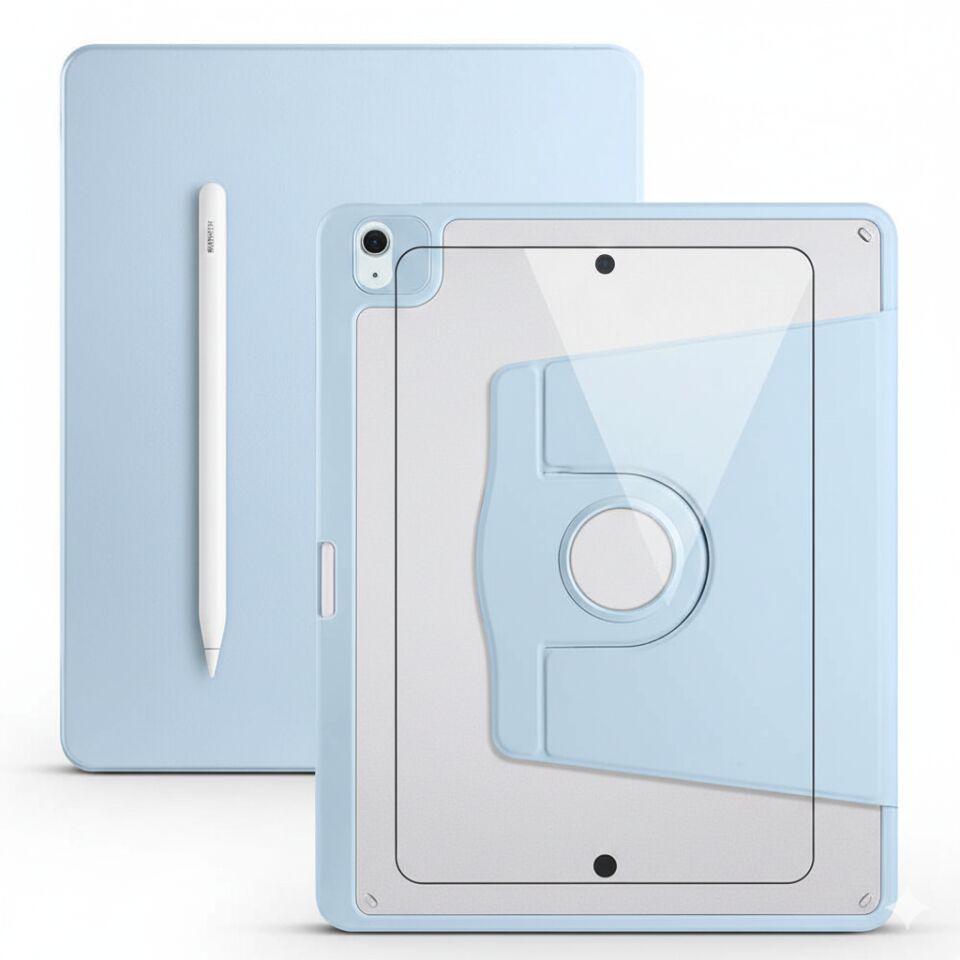 Apple iPad Air 11 M4 Dönebilen Standlı Kalem Bölmeli Koruyucu Kılıf Stylus Kalem ve Nano Ekran Koruyucu Çok Fonksiyonlu Set Mavi