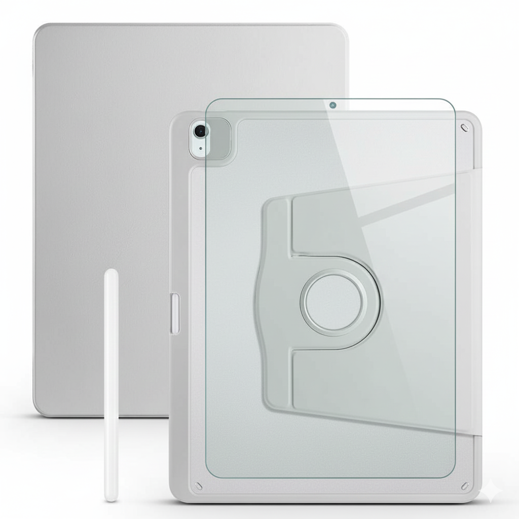 Apple iPad Air 11 M4 Dönebilen Standlı Kalem Bölmeli Koruyucu Kılıf Stylus Kalem ve Nano Ekran Koruyucu Çok Fonksiyonlu Set Gri