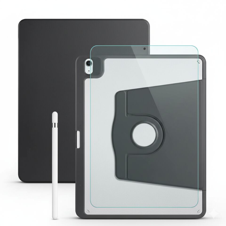 Apple iPad Air 13 M2 Dönebilen Standlı Kalem Bölmeli Koruyucu Kılıf Stylus Kalem ve Nano Ekran Koruyucu Çok Fonksiyonlu Set Siyah
