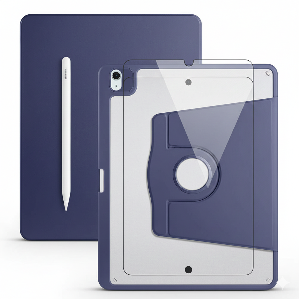 Apple iPad Air 13 M3 Dönebilen Standlı Kalem Bölmeli Koruyucu Kılıf Stylus Kalem ve Nano Ekran Koruyucu Çok Fonksiyonlu Set Lacivert