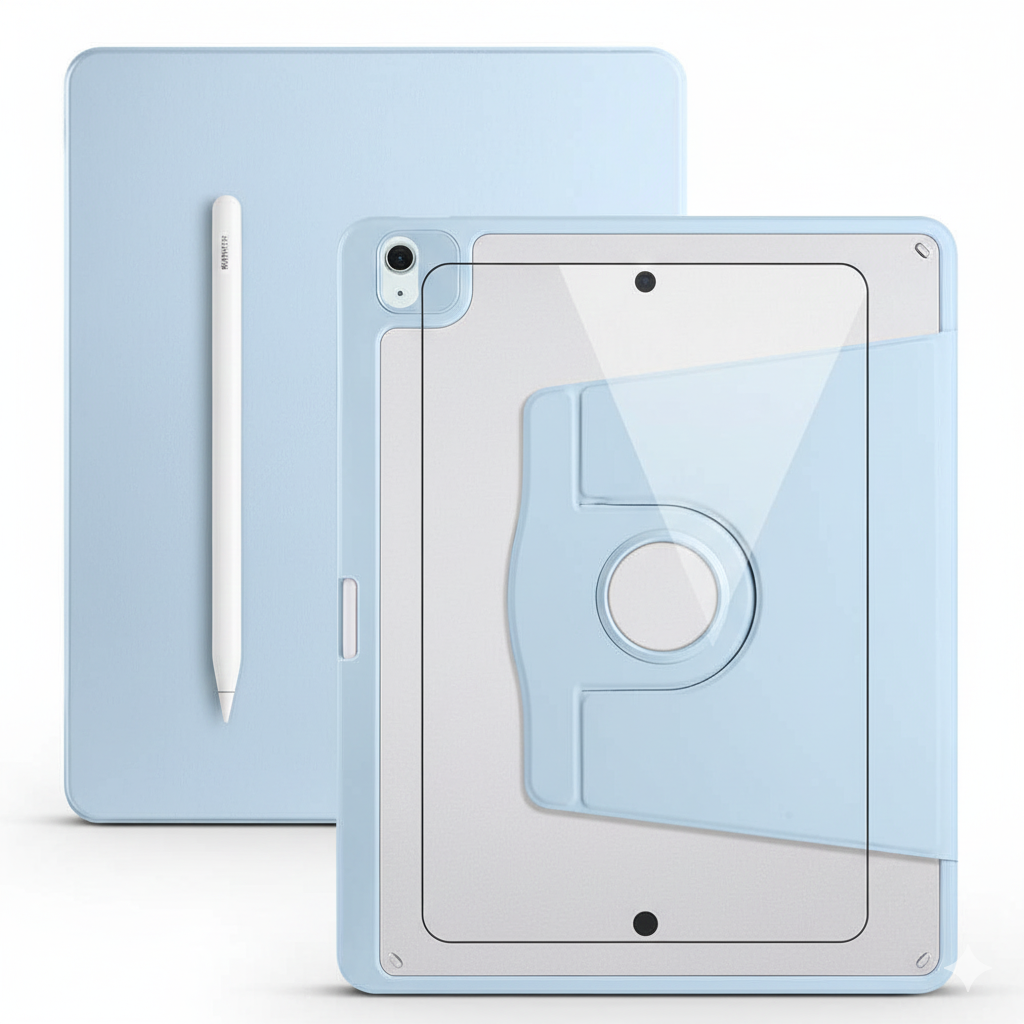 Apple iPad Pro 12.9 4. Nesil Dönebilen Standlı Kalem Bölmeli Koruyucu Kılıf Stylus Kalem ve Nano Ekran Koruyucu Çok Fonksiyonlu Set Mavi