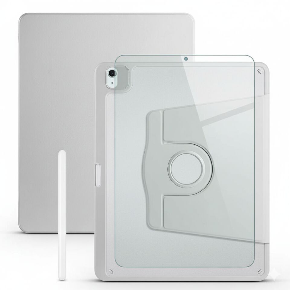 Apple iPad Pro 12.9 4. Nesil Dönebilen Standlı Kalem Bölmeli Koruyucu Kılıf Stylus Kalem ve Nano Ekran Koruyucu Çok Fonksiyonlu Set Gri