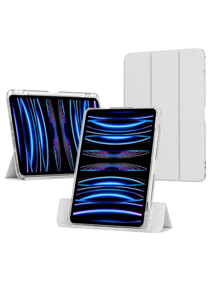 Apple iPad Pro 13 M4 (2024) Manyetik Standlı Darbeye Dayanıklı Shockproof Kalemlikli Kızaklı Hybrid Kılıf Gri