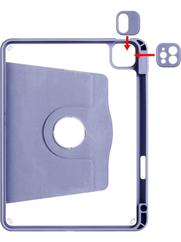 Apple iPad Pro 12.9 4. Nesil Dönebilen Standlı Kalem Bölmeli Koruyucu Kılıf Stylus Kalem ve Nano Ekran Koruyucu Çok Fonksiyonlu Set Lavanta