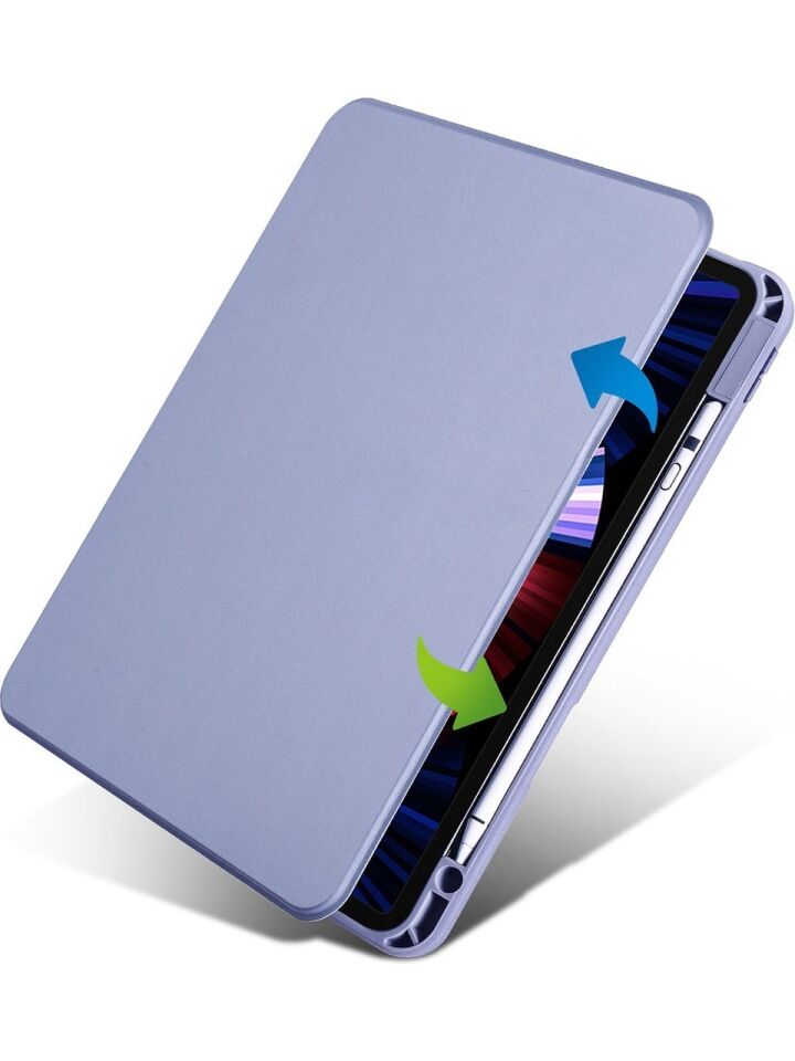 Apple iPad Pro 12.9 4. Nesil Dönebilen Standlı Kalem Bölmeli Koruyucu Kılıf Stylus Kalem ve Nano Ekran Koruyucu Çok Fonksiyonlu Set Lavanta