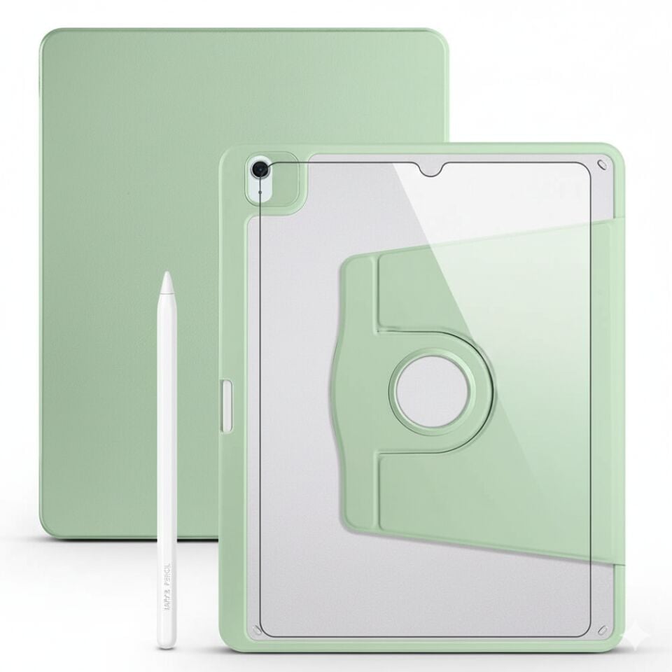 Apple iPad Pro 12.9 5. Nesil Dönebilen Standlı Kalem Bölmeli Koruyucu Kılıf Stylus Kalem ve Nano Ekran Koruyucu Çok Fonksiyonlu Set Açık Yeşil