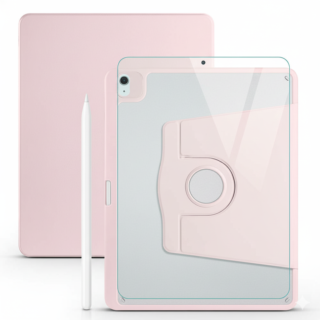 Apple iPad Pro 12.9 5. Nesil Dönebilen Standlı Kalem Bölmeli Koruyucu Kılıf Stylus Kalem ve Nano Ekran Koruyucu Çok Fonksiyonlu Set Pembe