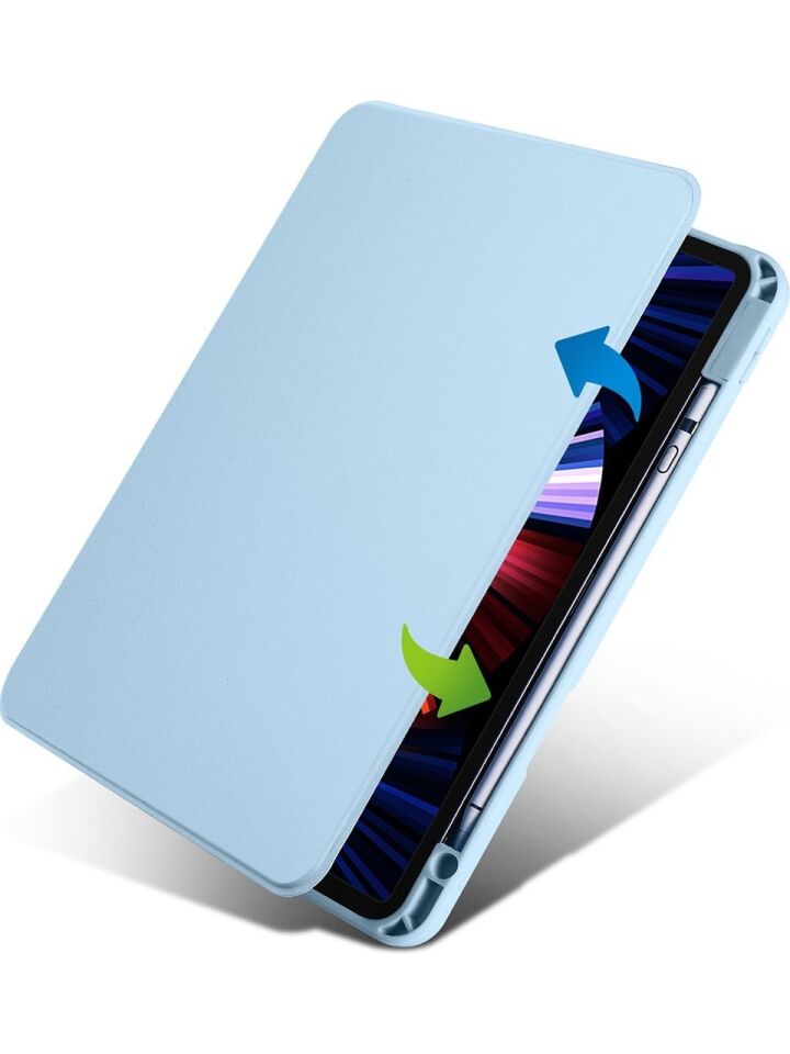 Apple iPad Pro 12.9 6. Nesil Dönebilen Standlı Kalem Bölmeli Koruyucu Kılıf Stylus Kalem ve Nano Ekran Koruyucu Çok Fonksiyonlu Set Mavi