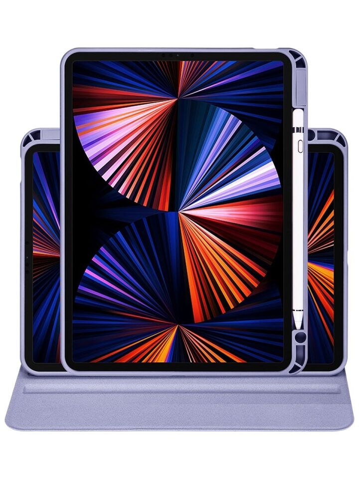 Apple iPad Pro 12.9 6. Nesil Dönebilen Standlı Kalem Bölmeli Koruyucu Kılıf Stylus Kalem ve Nano Ekran Koruyucu Çok Fonksiyonlu Set Lavanta