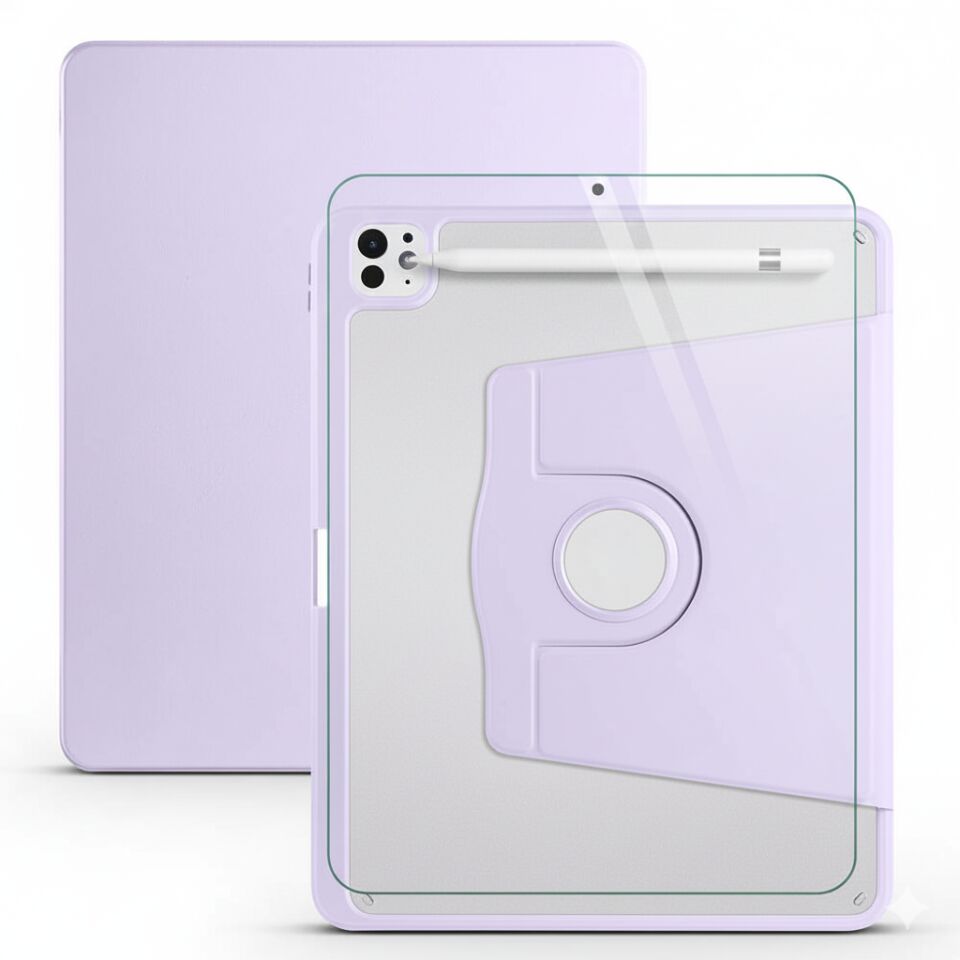 Apple iPad Pro 13 M4 Dönebilen Standlı Kalem Bölmeli Koruyucu Kılıf Stylus Kalem ve Nano Ekran Koruyucu Çok Fonksiyonlu Set Lila